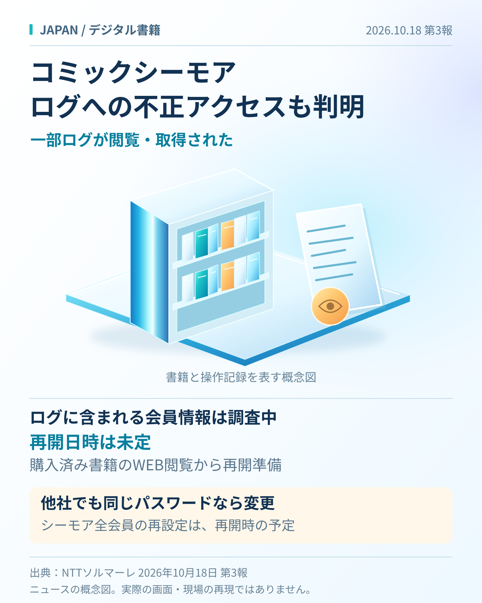 コミックシーモア、システムログの閲覧・取得も判明　再開日時は未定の要点を整理した図解