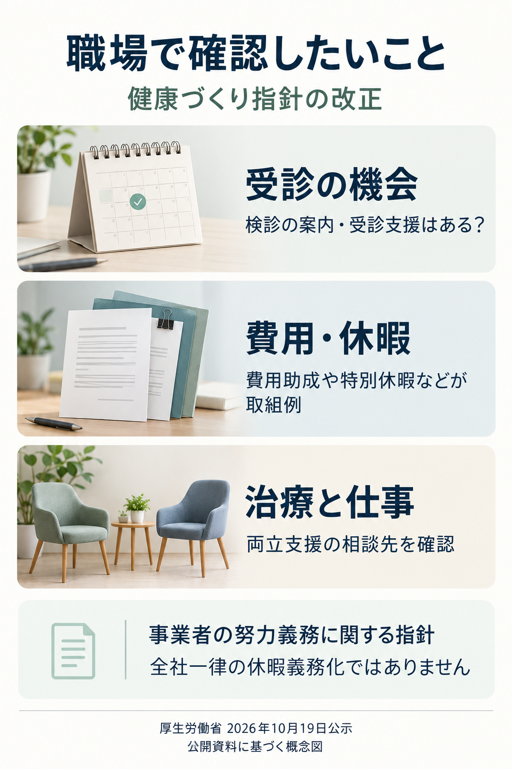 費用助成や特別休暇は取組例です。全社一律の新しい休暇制度を定めたものではありません。