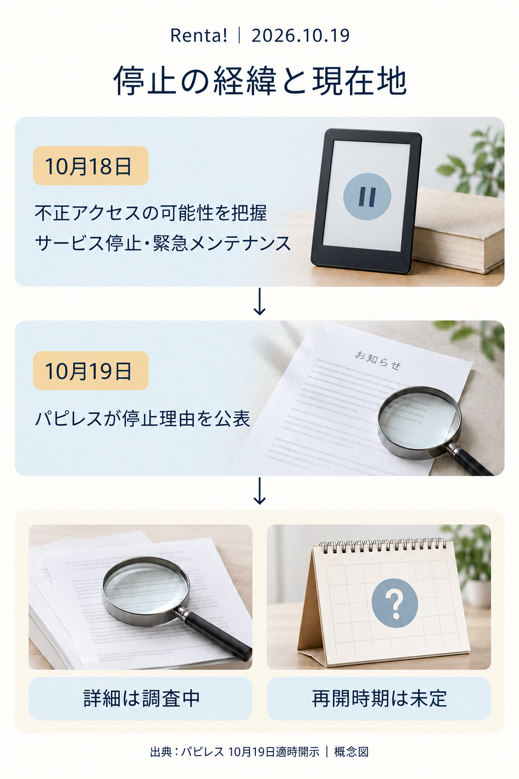 18日の停止と19日の説明を整理した概念図。情報漏えいの有無は公表されていません。