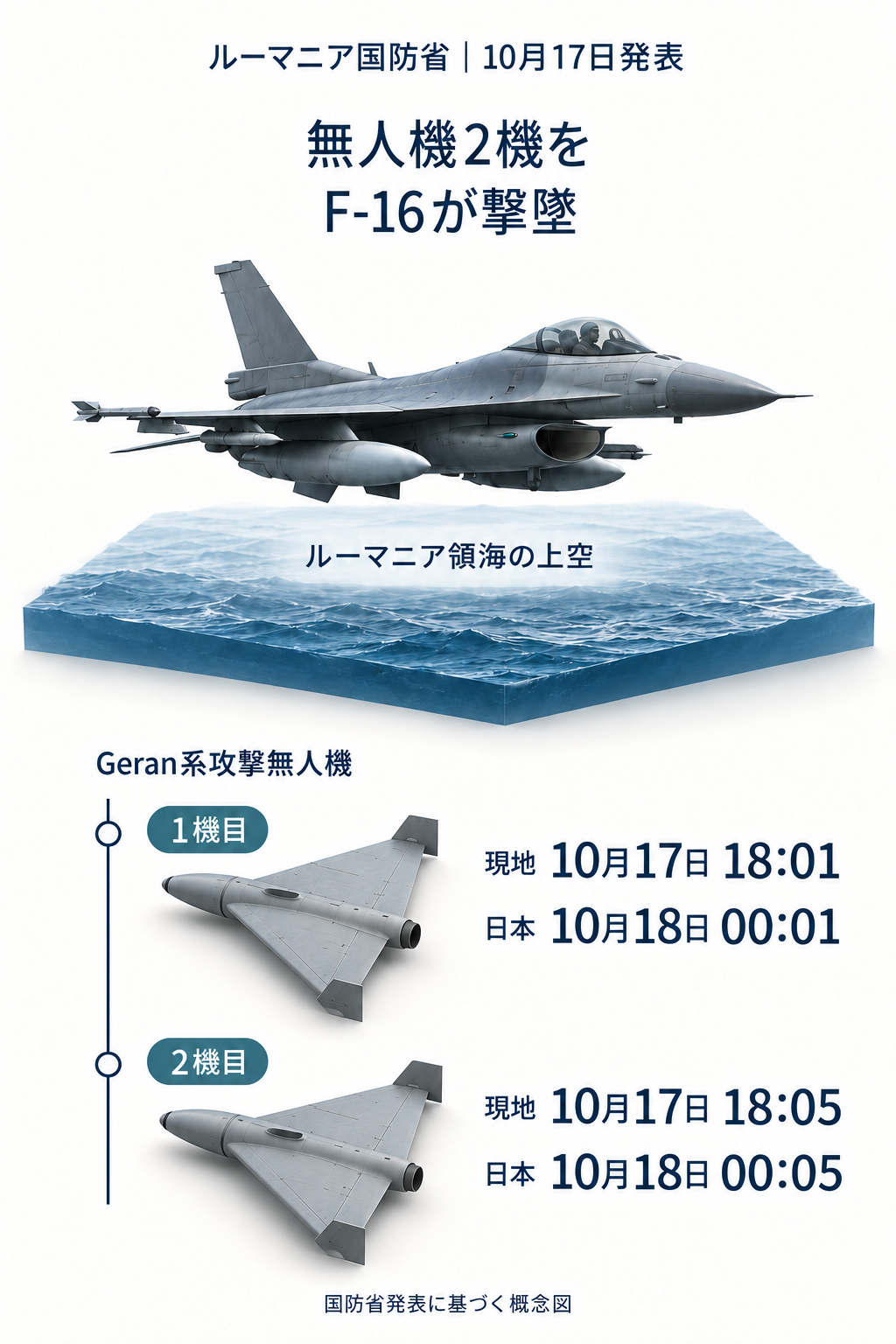 ルーマニア国防省が発表した撃墜時刻。機体は概念模型で、現場写真ではありません。