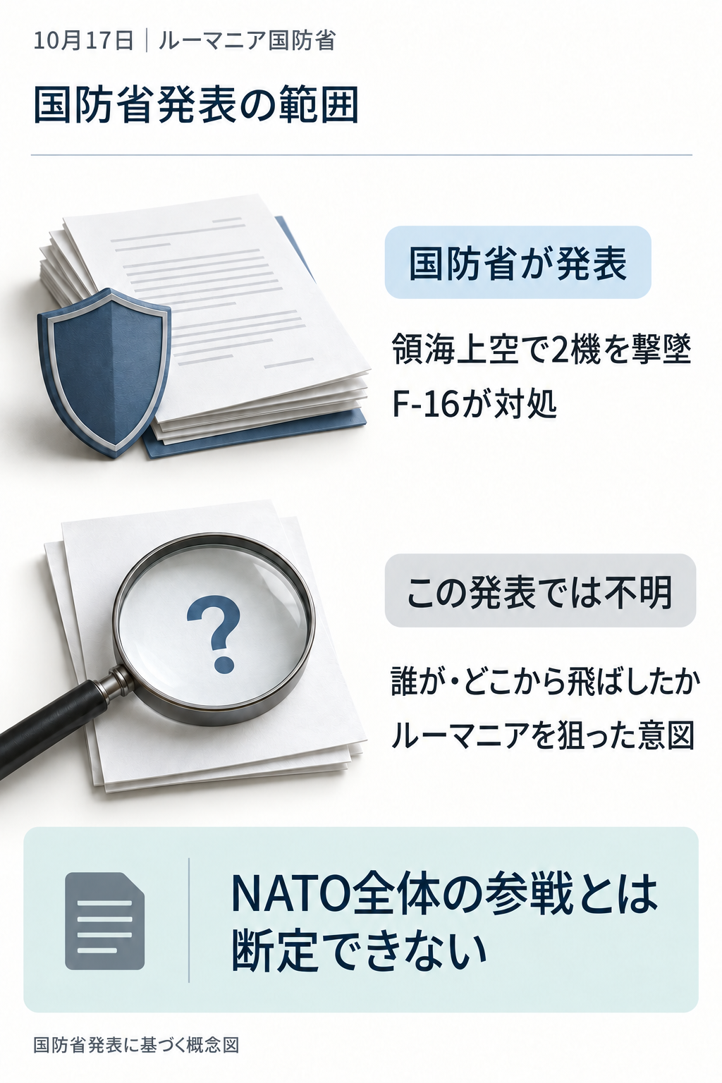 国防省の発表内容と、この発表だけでは分からない点を分けた概念図です。